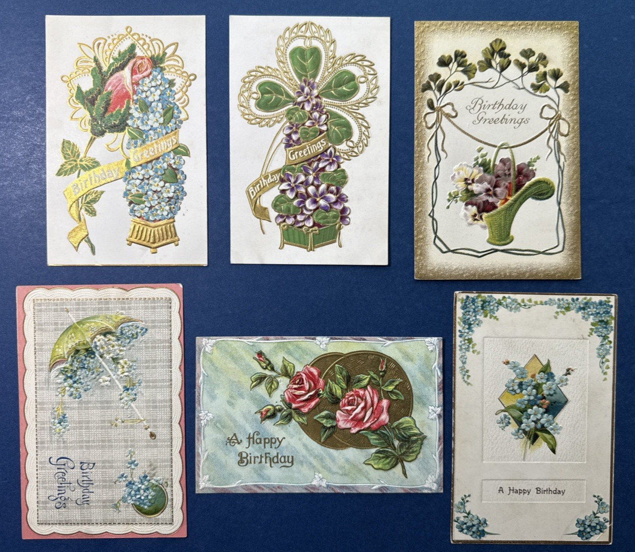 6 Birthday Antique Postcards. EMB, Strong Gold. Flowers, Bright Colors. Vases
