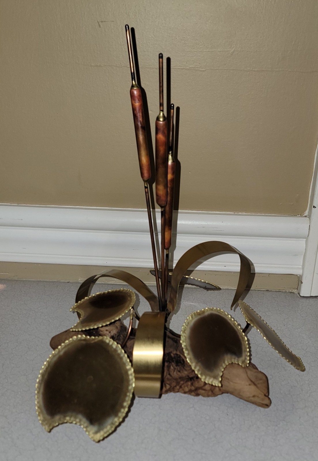 Vintage MCM Brutalist Cattails Lily Sculpture Wood Copper Brass Mid Century Vintage MCM Brutalist Cattails Lily Sculpture Wood Copper Brass Mid Century