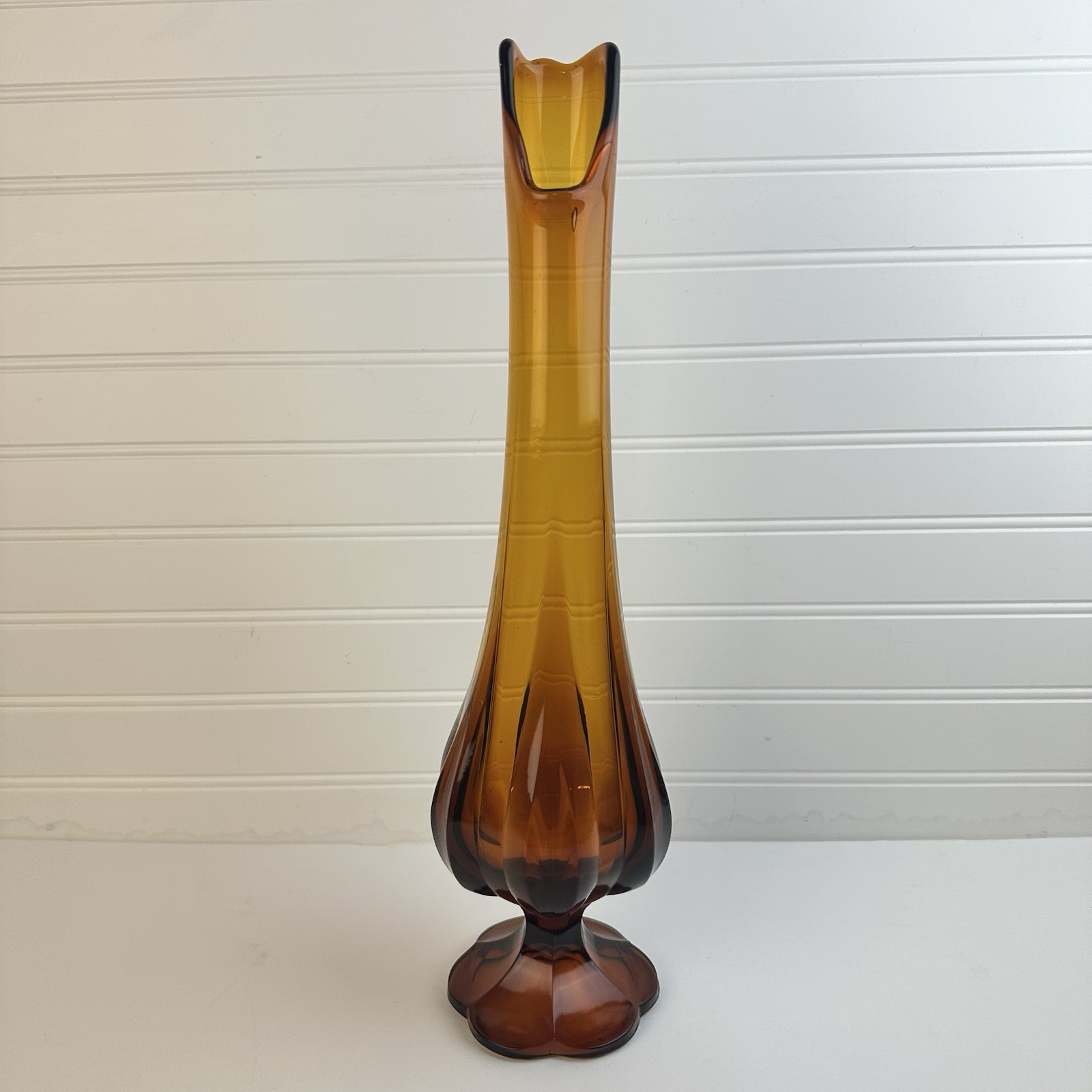 MCM LE Smith Root Beer Honey Brown Swung Glass Vase 6 Petal Pedestal 17" Vintage MCM LE Smith Root Beer Honey Brown Swung Glass Vase 6 Petal Pedestal 17" Vintage