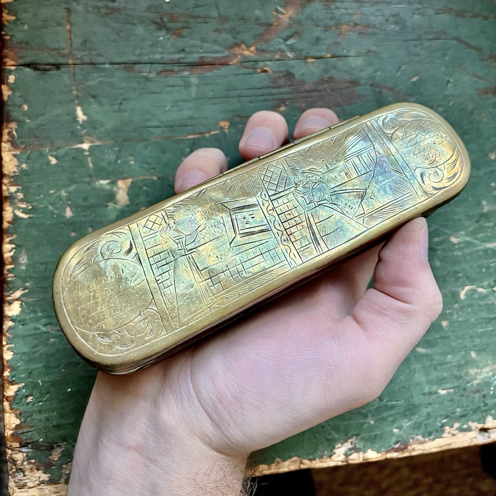 Antique 18th Century Dutch Brass Tobacco Box Intricately Engraved Figural Lovers Antique 18th Century Dutch Brass Tobacco Box Intricately Engraved Figural Lovers