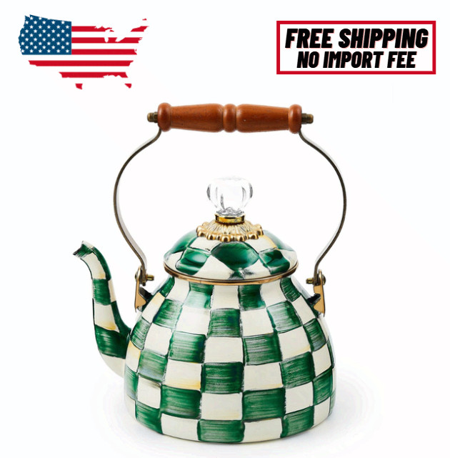 MacKenzie-Childs Emerald Check 2 Quart Tea Kettle, No Import Fee MacKenzie-Childs Emerald Check 2 Quart Tea Kettle, No Import Fee