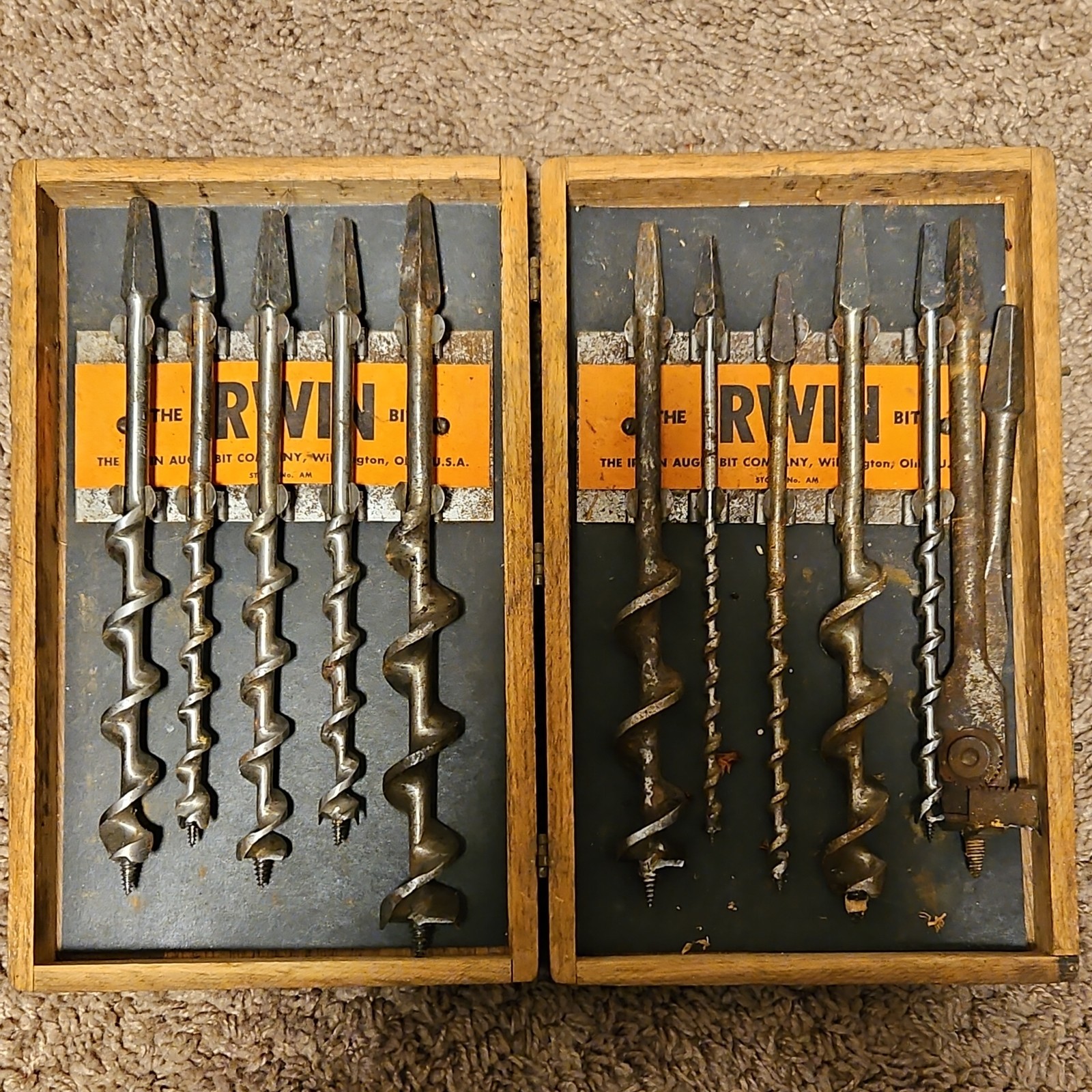 Vintage Irwin 10Pc.  Auger Bits Set With Original Wood Case , USA