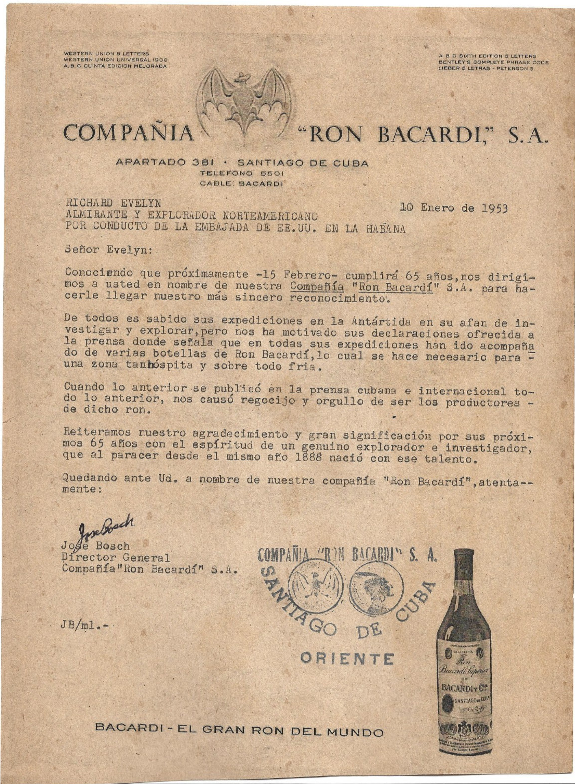 Cuba Cuban Rare 1953 Bacardi Letter Signed José Bosch to Admiral Richard Evelyn Cuba Cuban Rare 1953 Bacardi Letter Signed José Bosch to Admiral Richard Evelyn