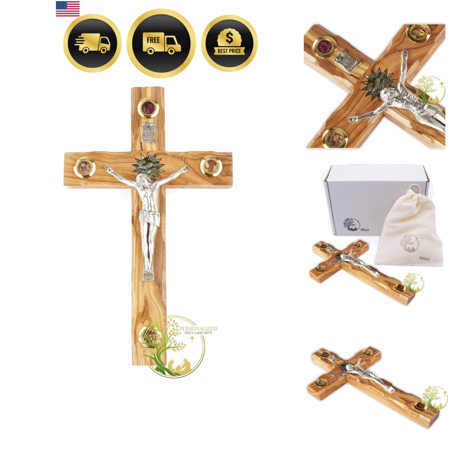 Large Holy Land Olive Wood Wall Crucifix Holds Flowers, Incense, Olive Leaf a... Large Holy Land Olive Wood Wall Crucifix Holds Flowers, Incense, Olive Leaf a...