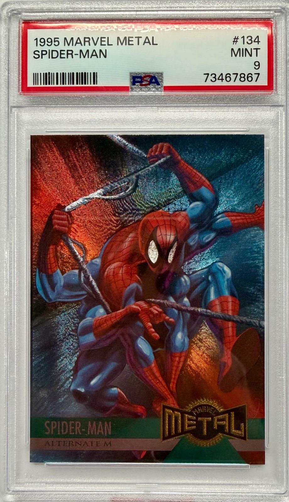 1995 Fleer Marvel Metal Spider-Man Alternate M #134 PSA 9 MINT 1995 Fleer Marvel Metal Spider-Man Alternate M #134 PSA 9 MINT