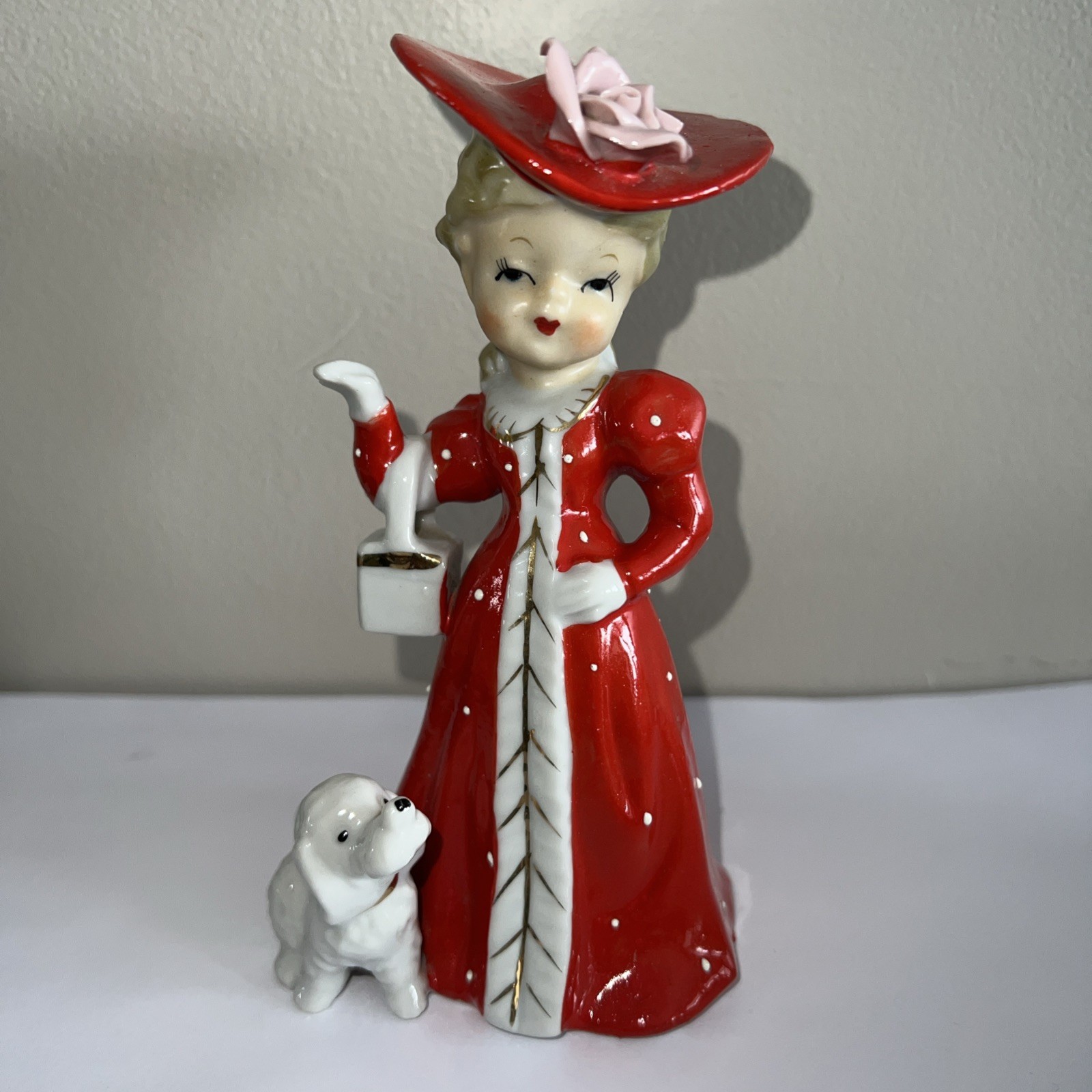Vintage SHAFFORD Japan Red Dress Lady White Poodle Dog Figurine Gold 2056 As Is Vintage SHAFFORD Japan Red Dress Lady White Poodle Dog Figurine Gold 2056 As Is