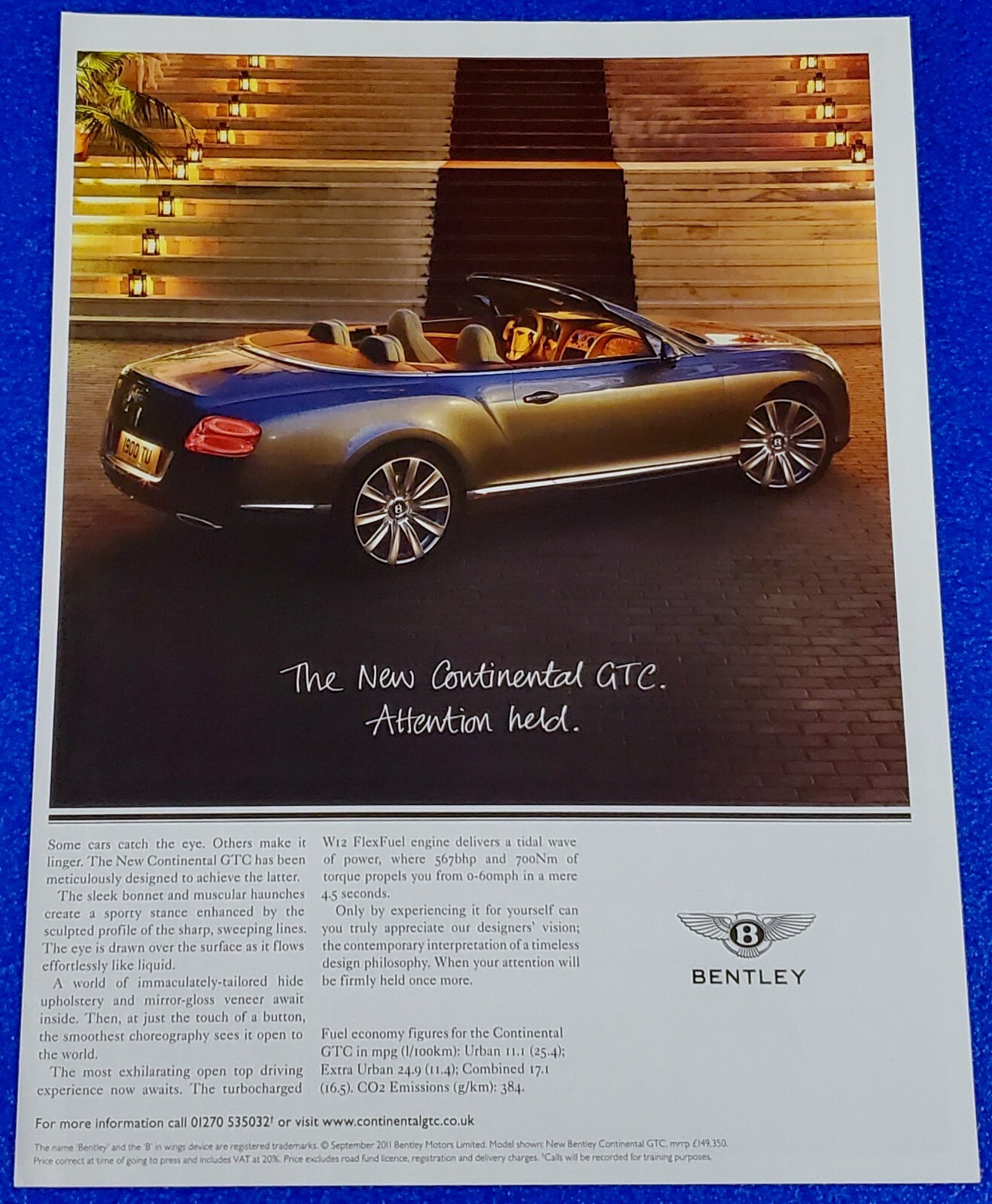 2011 BENTLEY CONTINENTAL GTC CONVERTIBLE ORIGINAL COLOR PRINT AD 