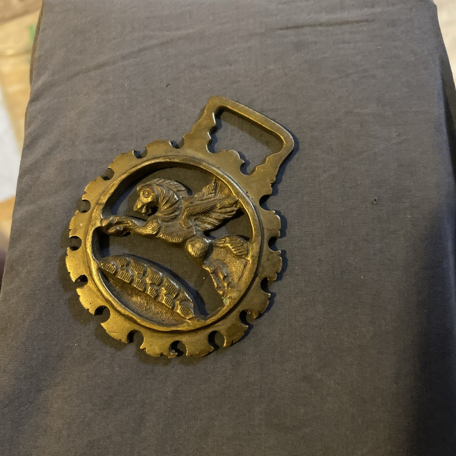 Brass Horse Medallion Vintage English Pegasus Fly Myth Fantasy Crown Harness