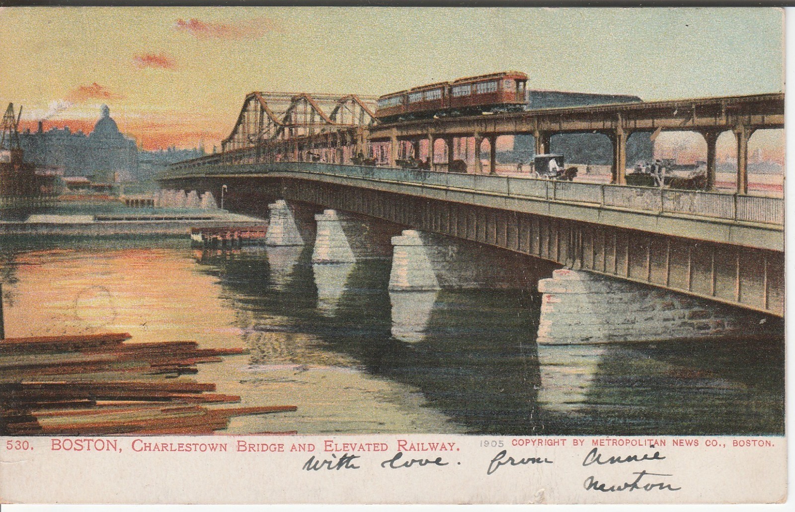 Boston MA postcard - Charlestown Bridge railway 1905 - large vertical crease