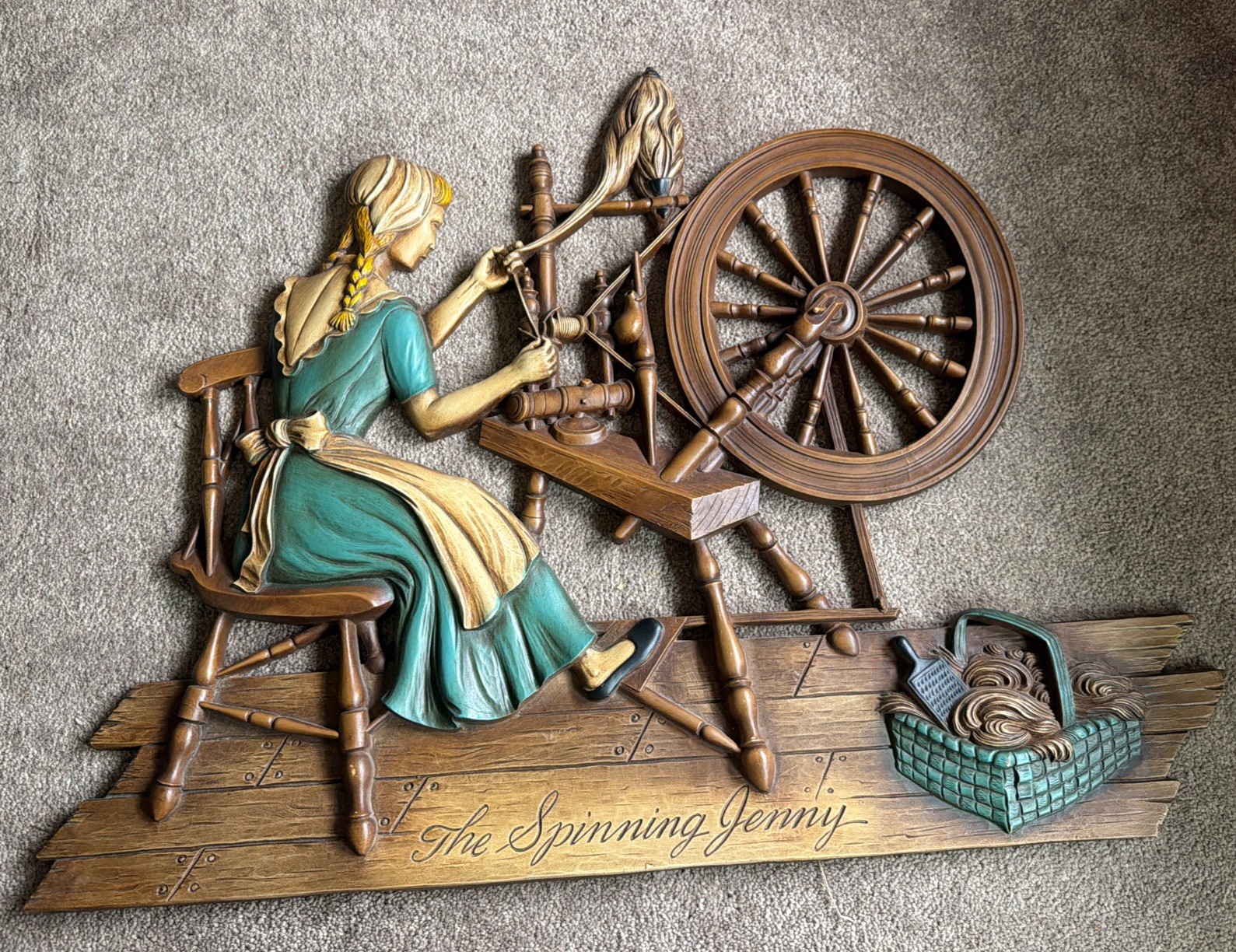 Vintage Syroco Wall Art Plaque The Spinning Jenny Woman at Wheel Faux Wood Decor