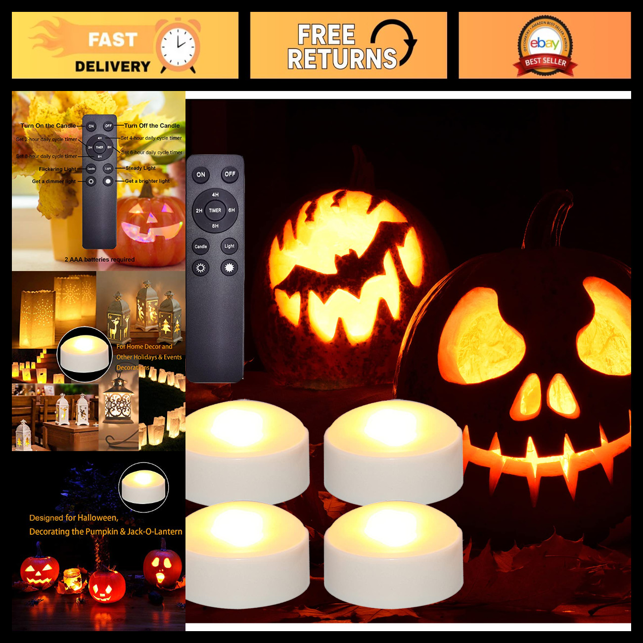 4 Pack Battery Operated LED Halloween Pumpkin Lights w/ Remote, White Color 4 Pack Battery Operated LED Halloween Pumpkin Lights w/ Remote, White Color