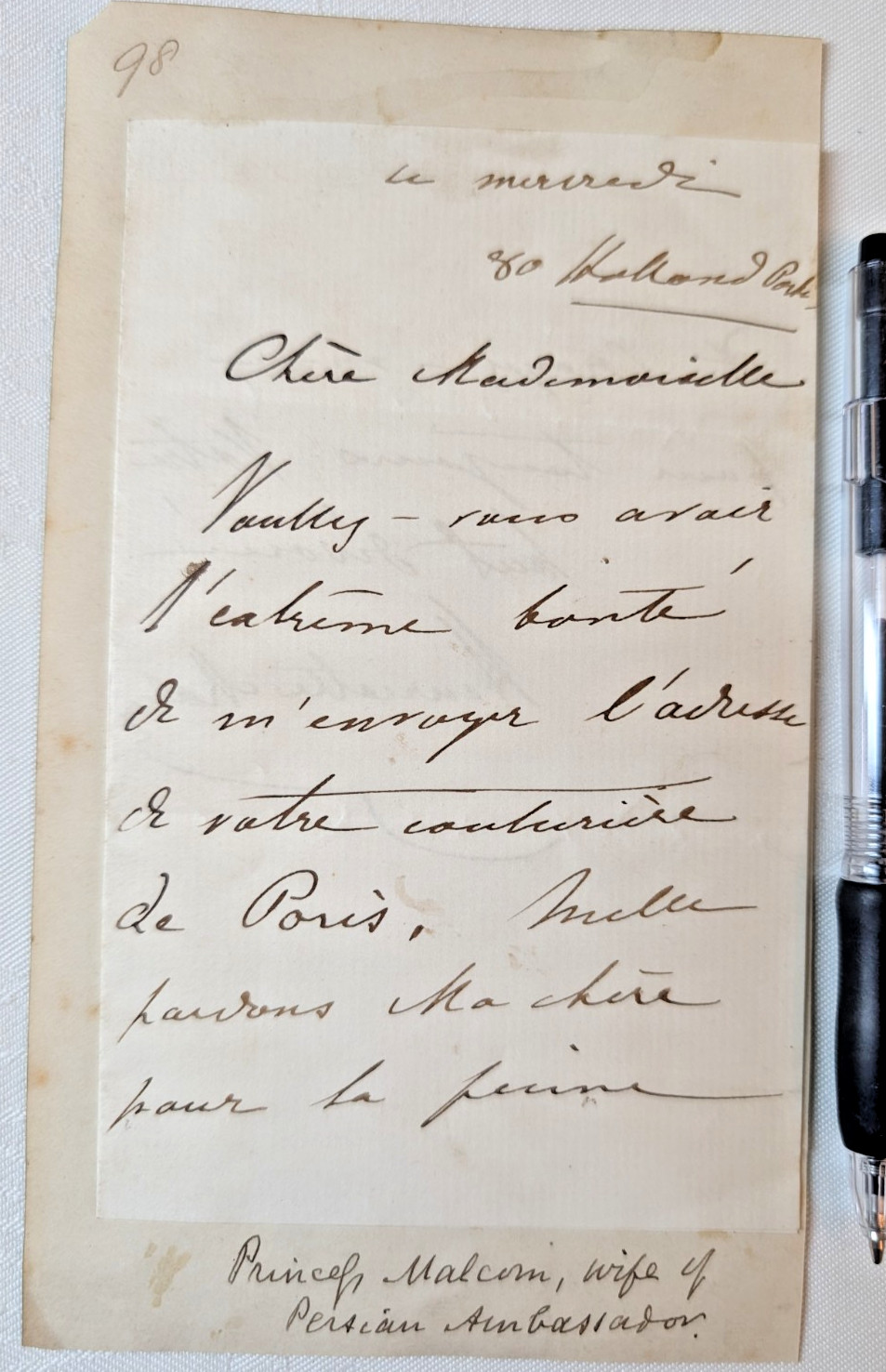 Princess Henriette Malcom, Wife of Persian Ambassador, Signed Letter