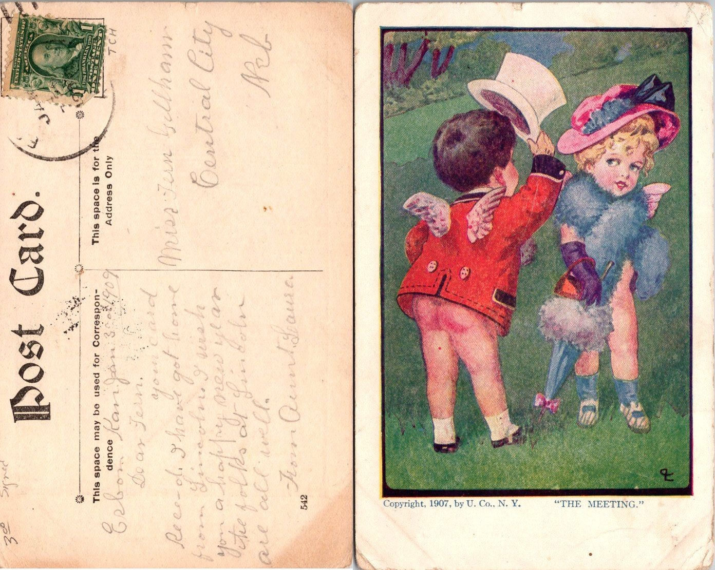 Vintage 1907 The Meeting Postcard U Co NY Valentine Cherub Children Antique Vintage 1907 The Meeting Postcard U Co NY Valentine Cherub Children Antique
