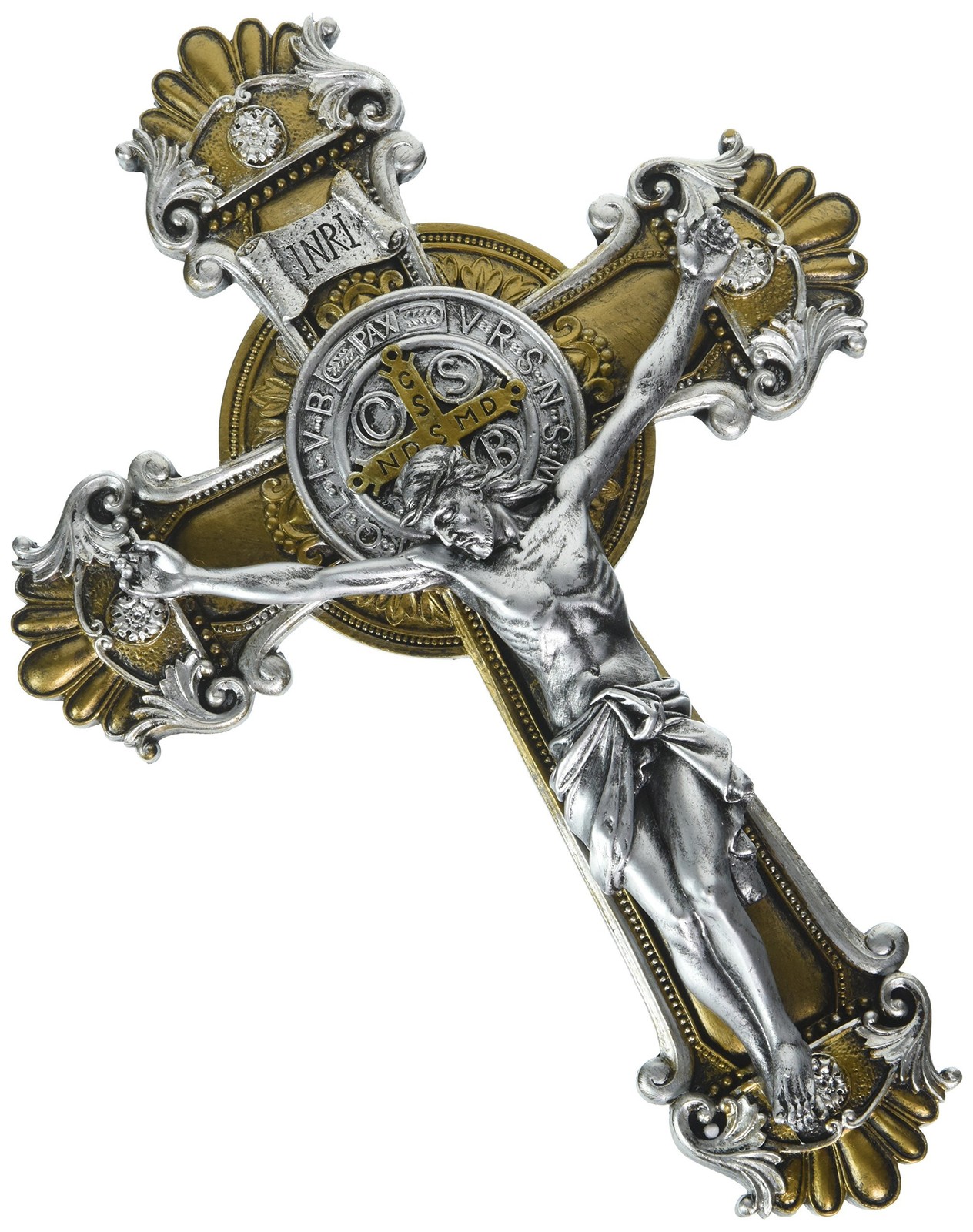 Saint Benedict Wall Cross Crucifix with Antique Silver and Gold Finish, 10 1/4 Saint Benedict Wall Cross Crucifix with Antique Silver and Gold Finish, 10 1/4