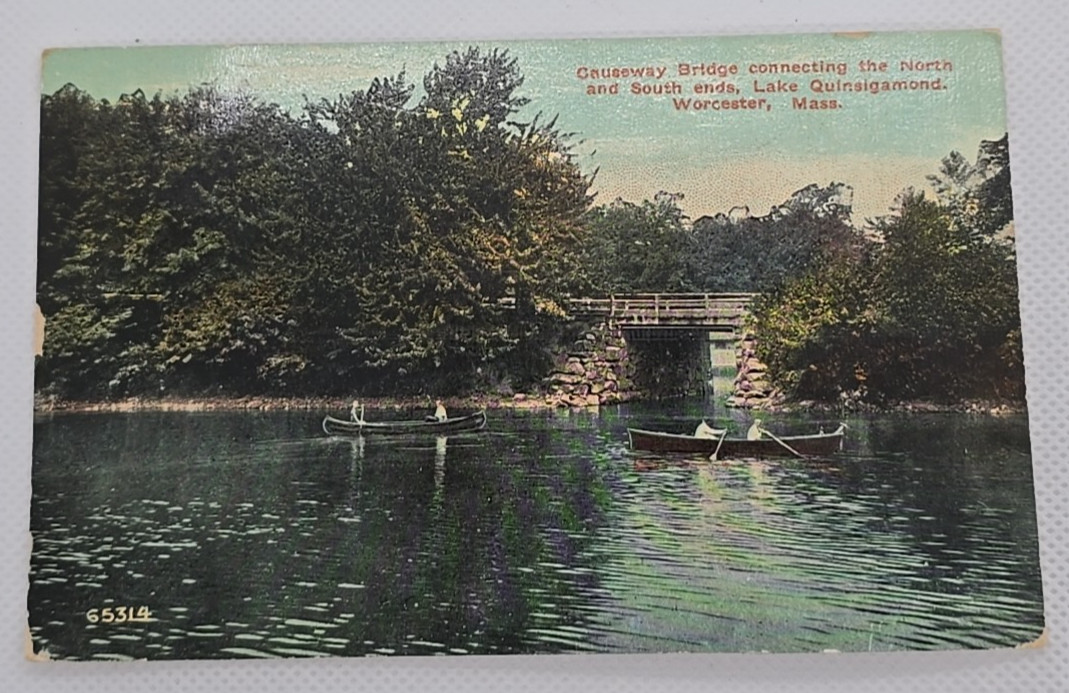 Vintage 1913 PM Causeway Bridge Lake Quinsigamond Worcester, Mass Postcard Canoe Vintage 1913 PM Causeway Bridge Lake Quinsigamond Worcester, Mass Postcard Canoe