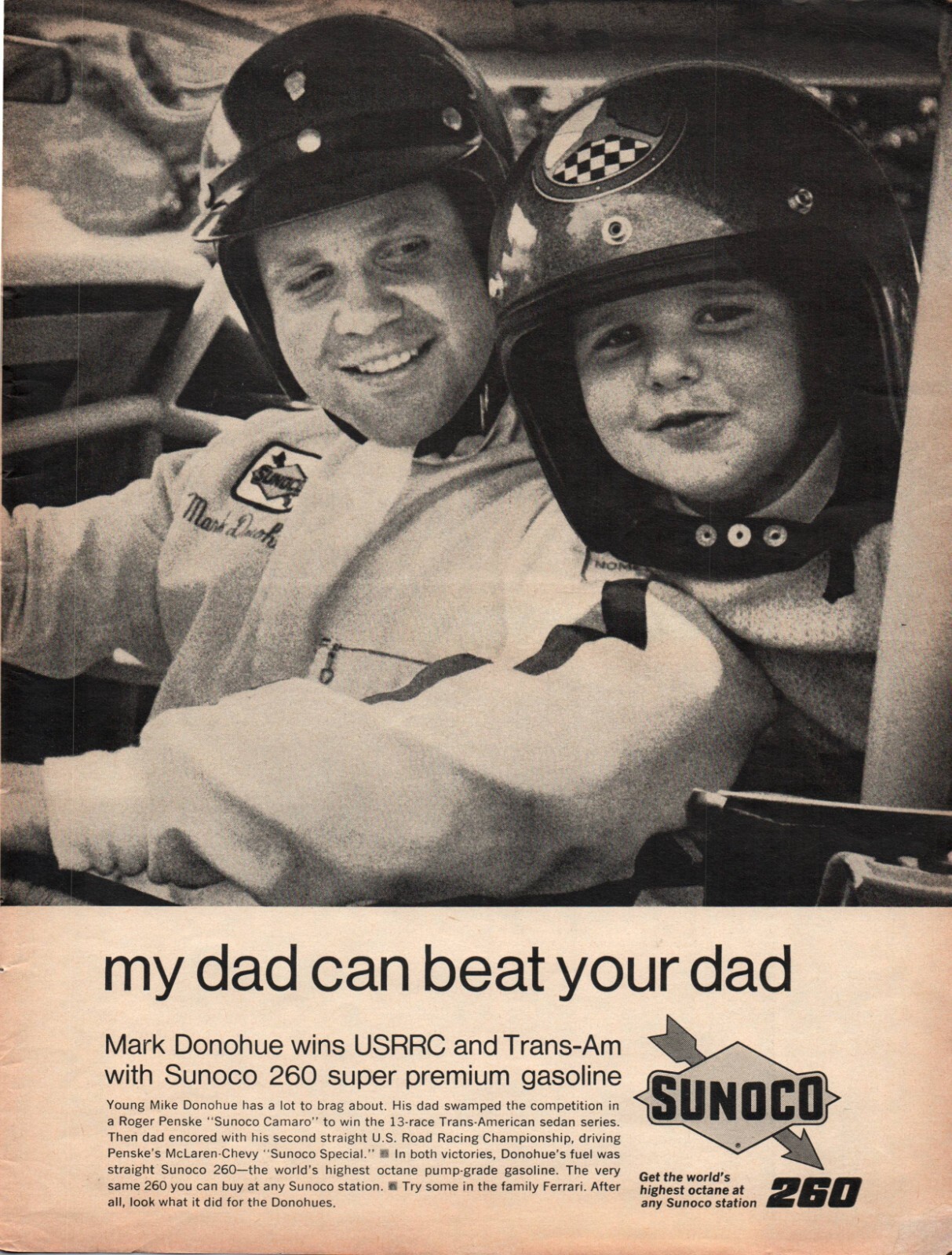 Sunoco 260 Mark Donohue Vintage Print Ad 1968 Sunoco 260 Mark Donohue Vintage Print Ad 1968