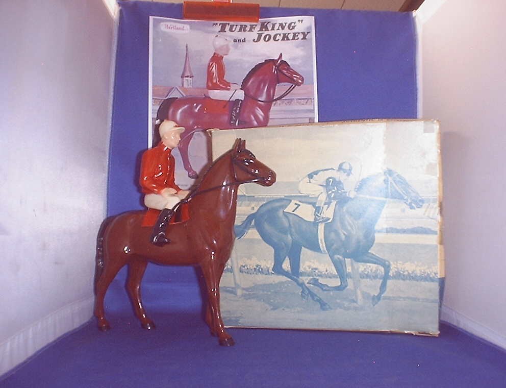 VINTAGE HARTLAND # 811 GLOSSY BAY "TURF KING" HORSE, JOCKEY & 1956 BOX  WITH AD