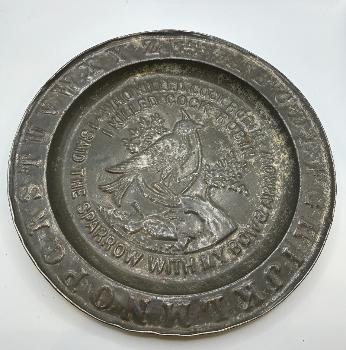 Antique ABC Tin Plate Who Killed Cock Robin Sparrow Nursery Rhyme Child 7.75"
