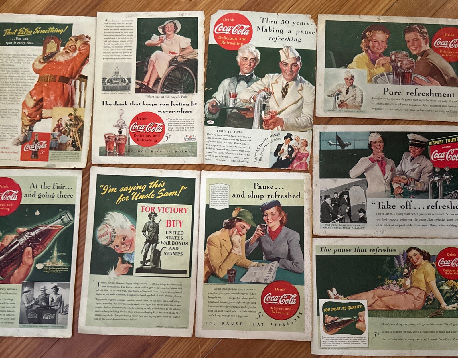NINE Vintage Coca Cola Magazine Ads - Years 1932, 1934, 1938, 1941 and 1943 NINE Vintage Coca Cola Magazine Ads - Years 1932, 1934, 1938, 1941 and 1943