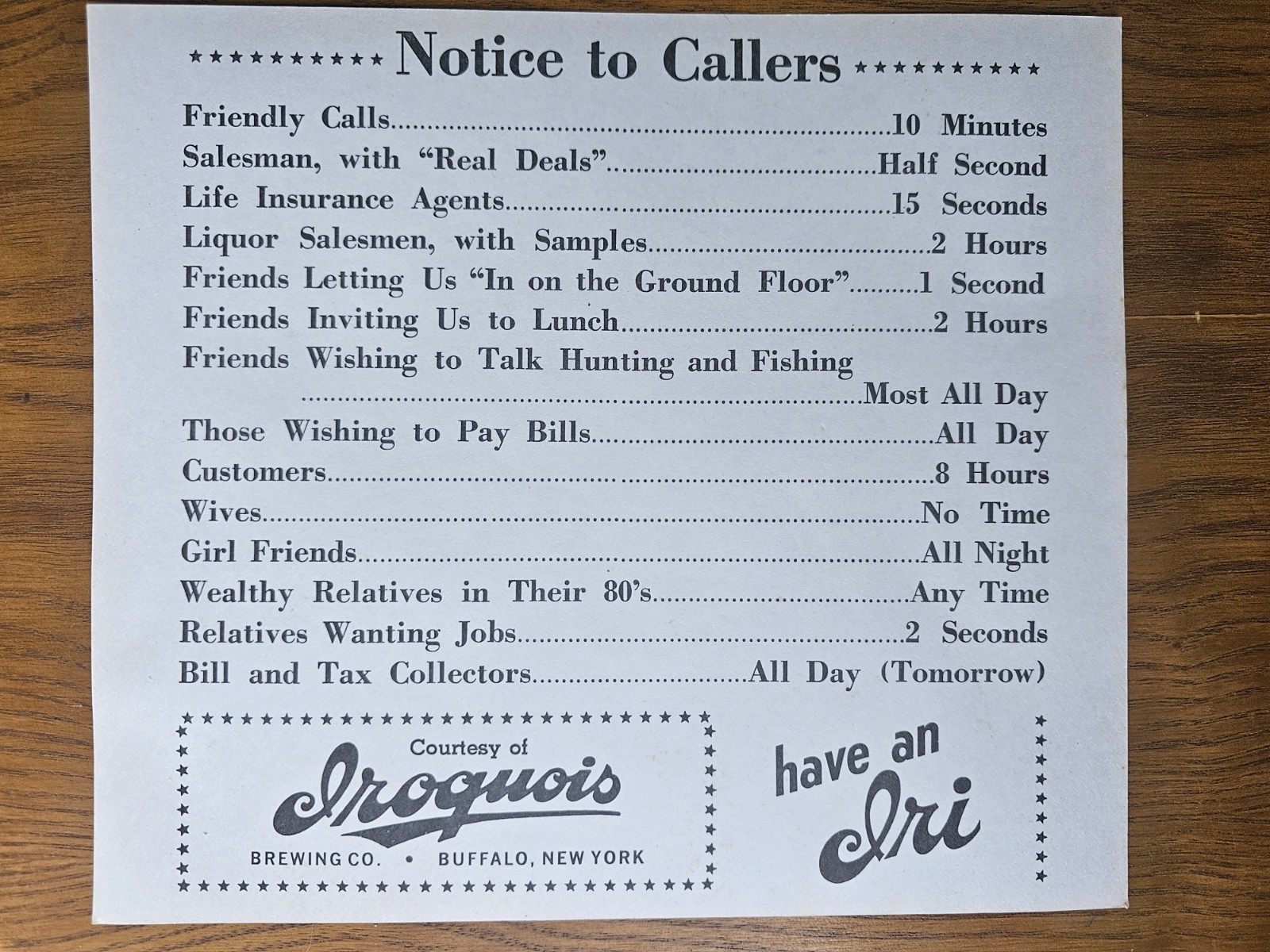 Vintage Iroquois Beer Brewing Co Buffalo NY Souvenir Notice to Callers Sign