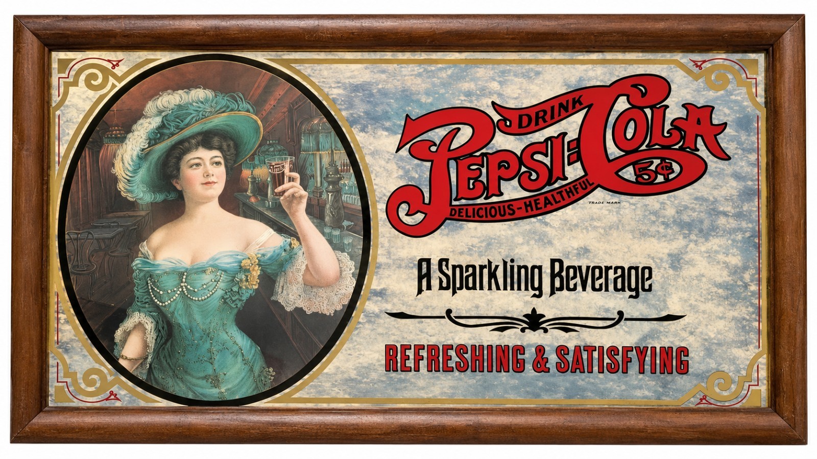 Vintage Pepsi Cola Gibson Girl 5¢ Advertising Mirror Sign Wood Frame 16x9