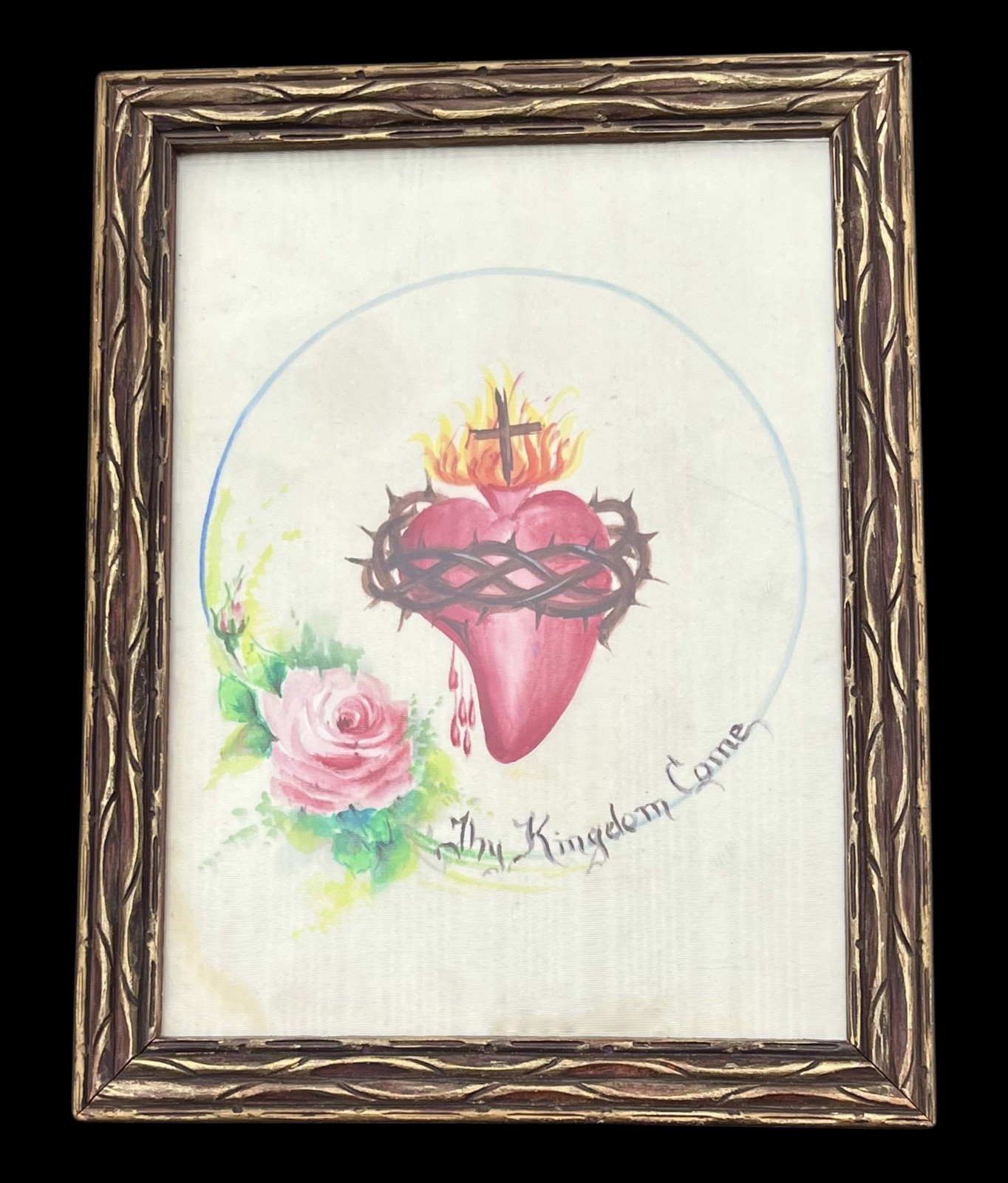 Antique Sacred Heart Painting Devotional Jesus Thy Kingdom Come Gold Wood Frame