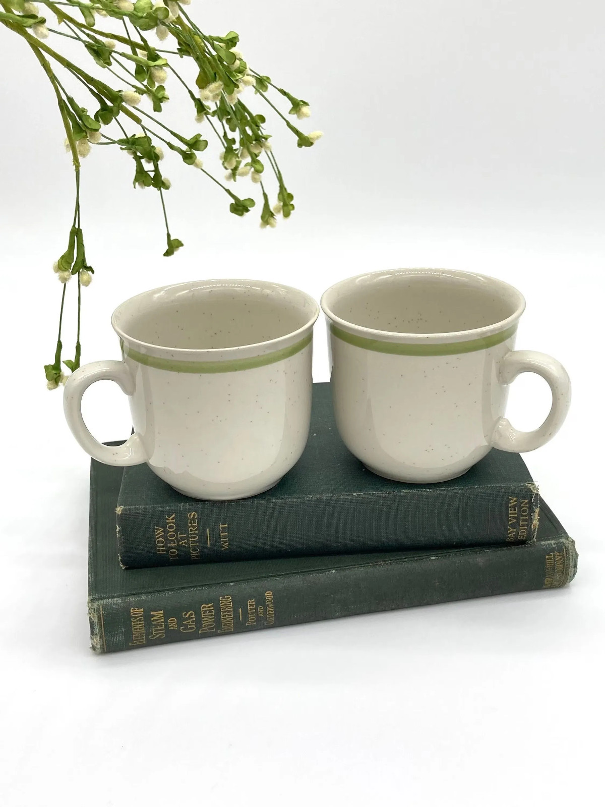 Vintage Green Stoneware Coffee Mugs Pair Country Casual Japan
