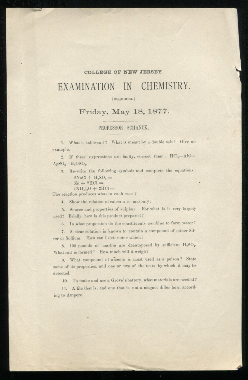 1877 Broadside, College Of New Jersey (Princeton), Chemistry Exam, Prof. Schanck