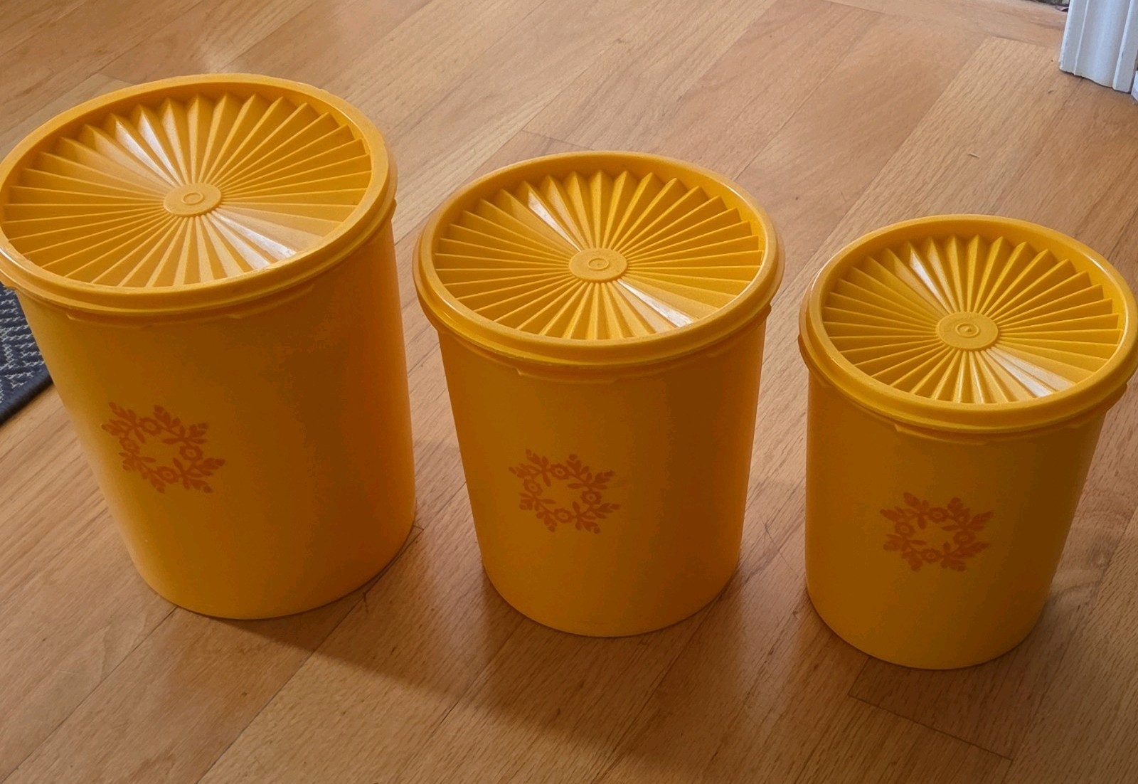 Vintage Tupperware Yellow/Orange Servalier Plastic Canister w/ Lids, Set Of 3