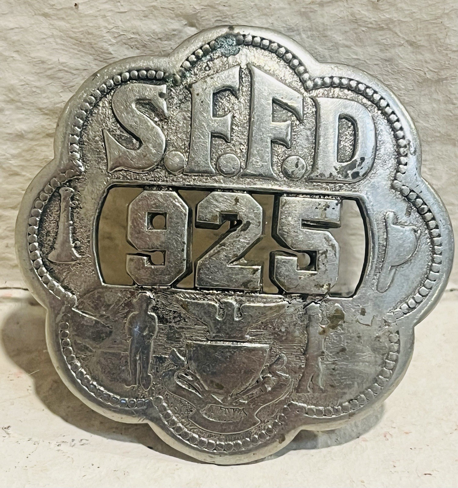 Antique OBSOLETE SFFD San Francisco Fire Dept Rosette Badge 925, German Silver Antique OBSOLETE SFFD San Francisco Fire Dept Rosette Badge 925, German Silver