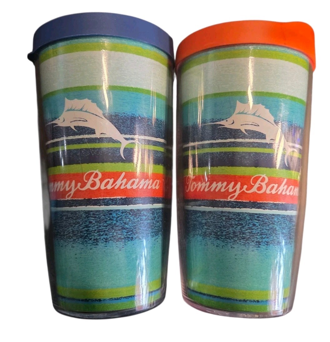 2 Tommy Bahama Marlin Swordfish Double Wall Tervis Tumblers 16 Oz with Lids USA 2 Tommy Bahama Marlin Swordfish Double Wall Tervis Tumblers 16 Oz with Lids USA
