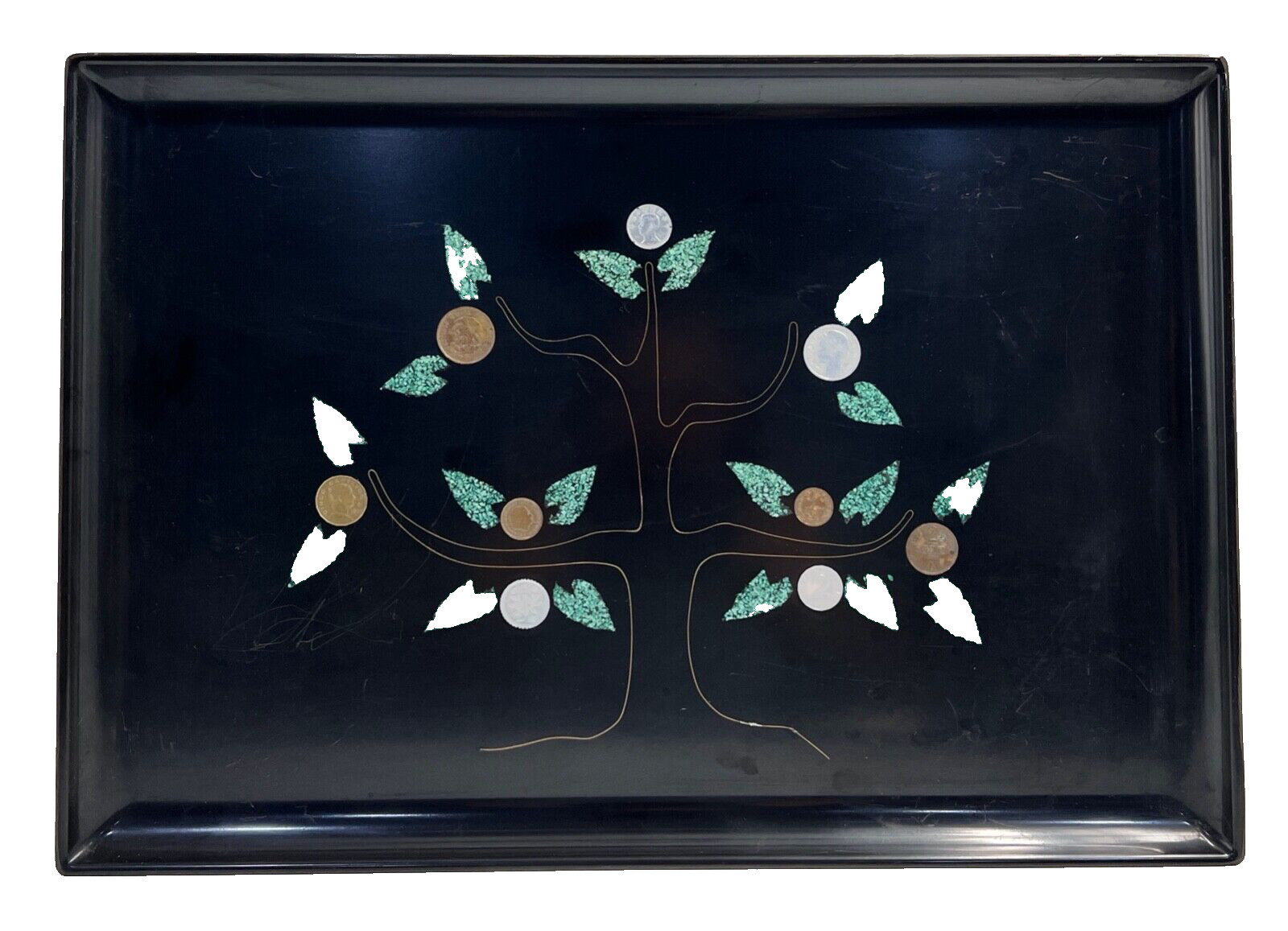 Vintage Couroc of Monterey Tray Inlaid Tree with Foreign Coins Leaves 12.5"x18" Vintage Couroc of Monterey Tray Inlaid Tree with Foreign Coins Leaves 12.5"x18"