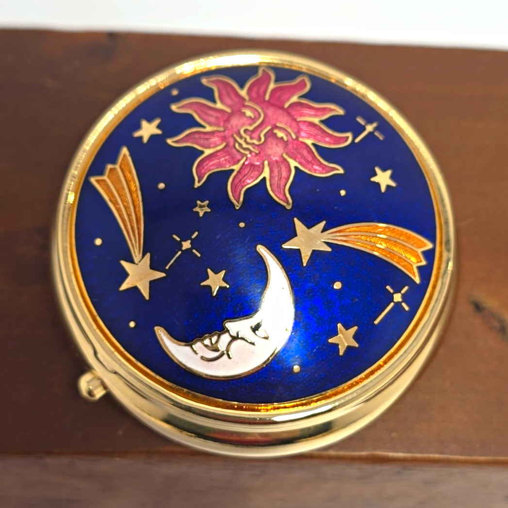 Vintage Celestial Sun Moon Stars Enamel Pill Box  Gold Tone