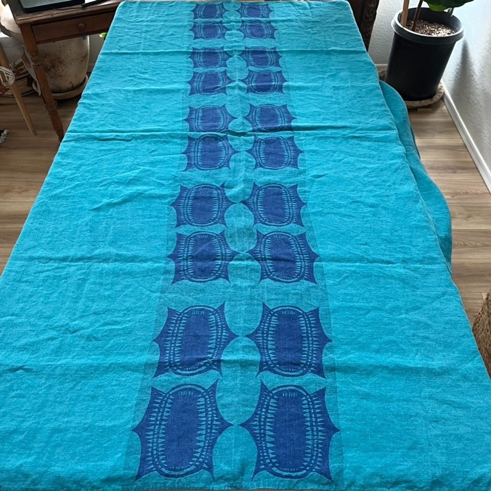 Vtg Dansk Ritva Puotila Finnish Accent Blue Linen Tablecloth 85" x 55"
