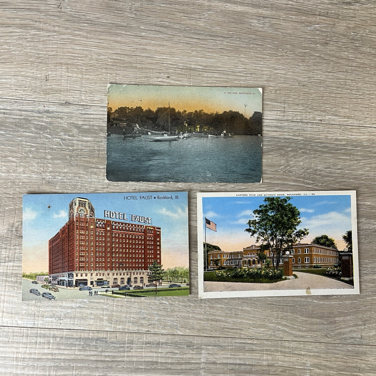 Atq Vtg 1909-1950's Rockford & Wauconda Illinois Postcards 3pc Hotel Faust