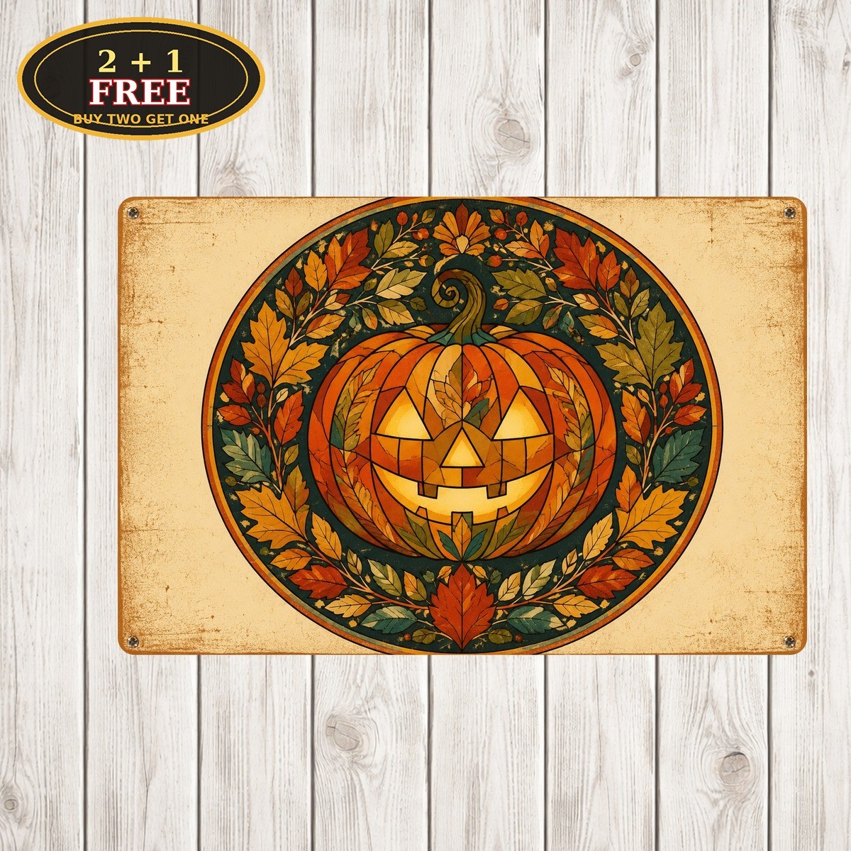 Bohemian Pumpkin Autumn Leaves Harvest Faux Glass Suncatcher Metal Sign 8x12