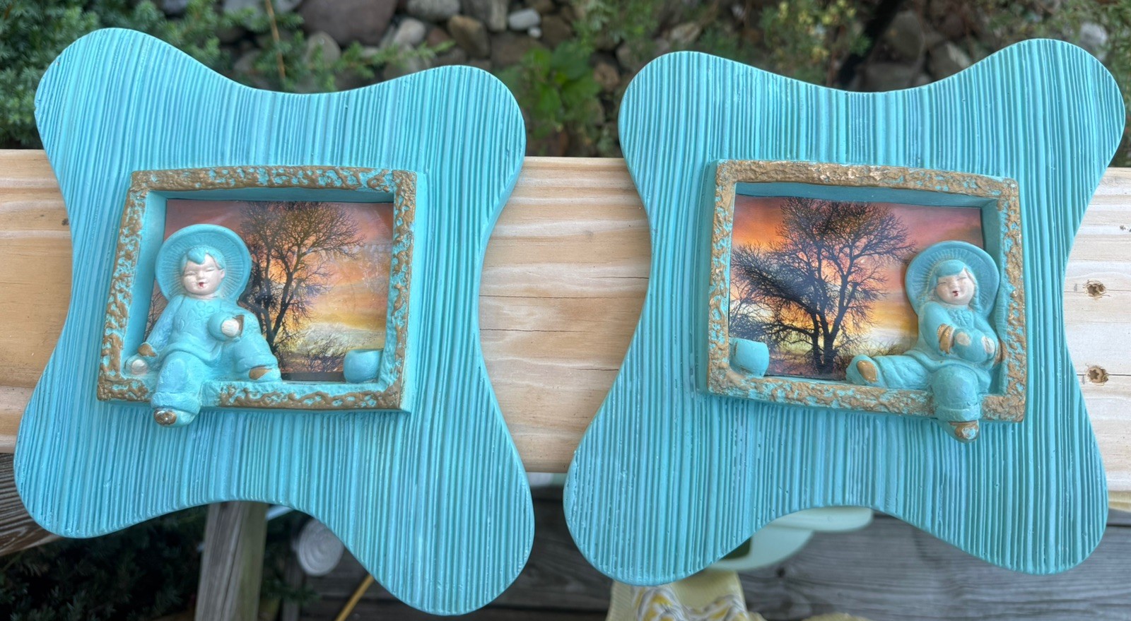 1950s Vintage “Asian Beauty” Chalkware Wall Art Plaques Mid Century Blue set 1950s Vintage “Asian Beauty” Chalkware Wall Art Plaques Mid Century Blue set