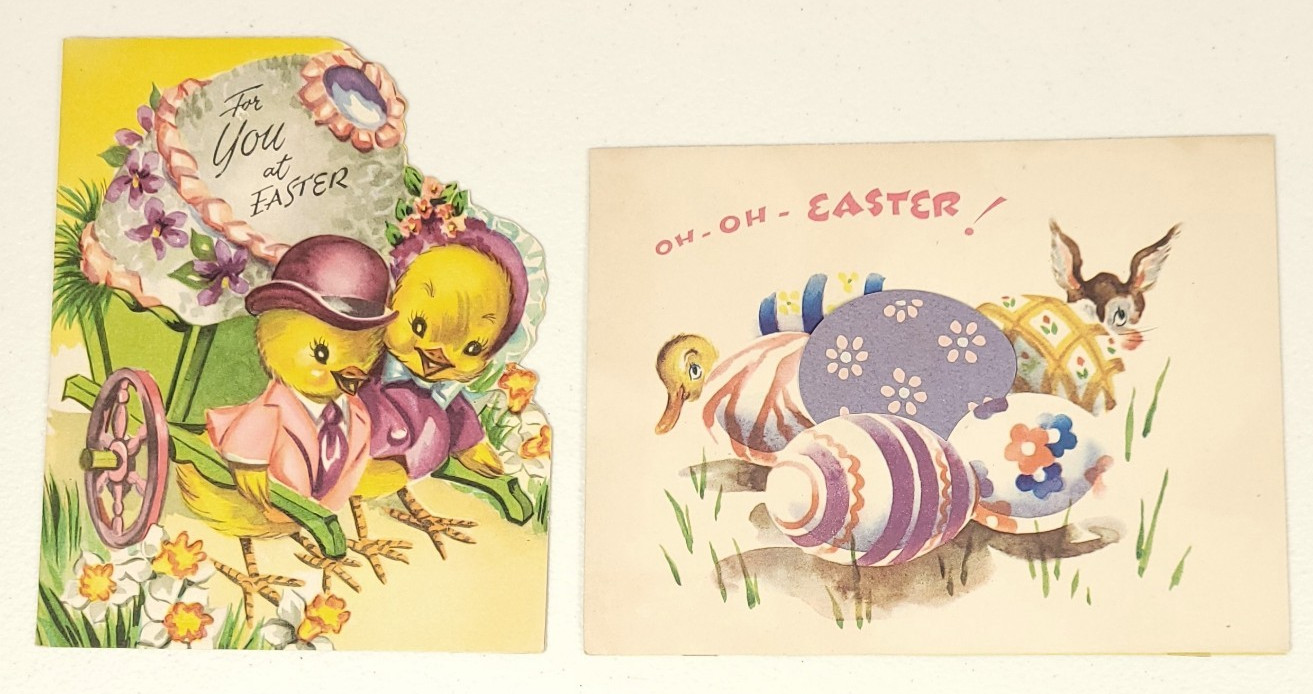 Vintage 1940s Easter Cards Lot of 2 Chickens Eggs USED