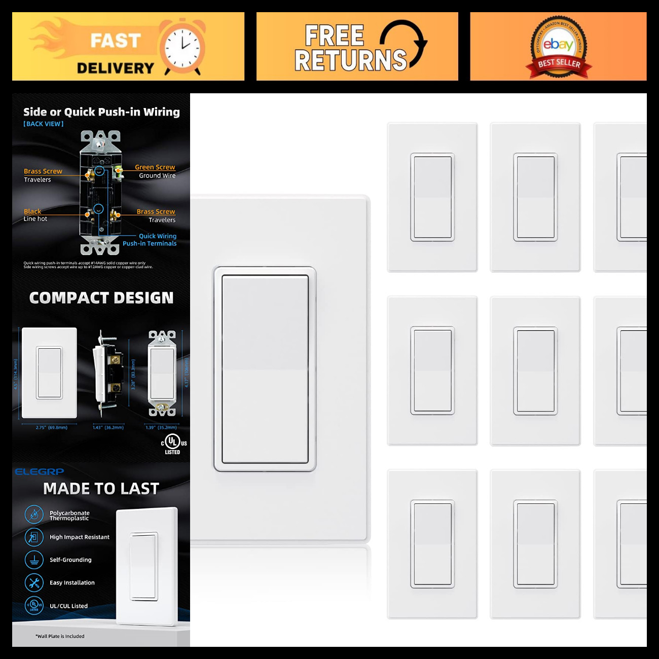 ELEGRP Matte White 3 Way Decorative Light Switch with Plate, 15 Amp, 120-277 Vol ELEGRP Matte White 3 Way Decorative Light Switch with Plate, 15 Amp, 120-277 Vol