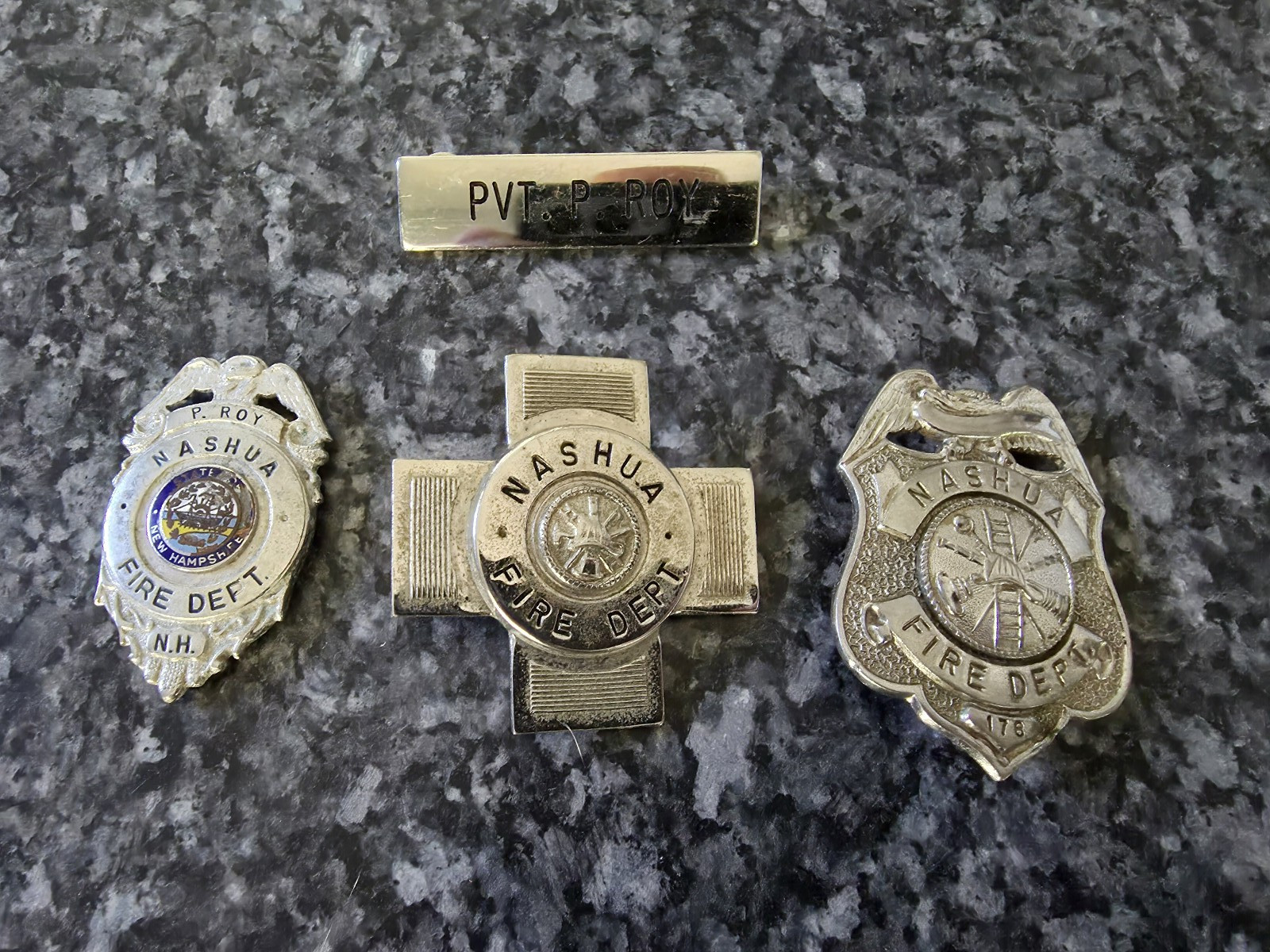 Vintage Obsolete Nashua New Hampshire Fire Department Badges & Name Plate Vintage Obsolete Nashua New Hampshire Fire Department Badges & Name Plate