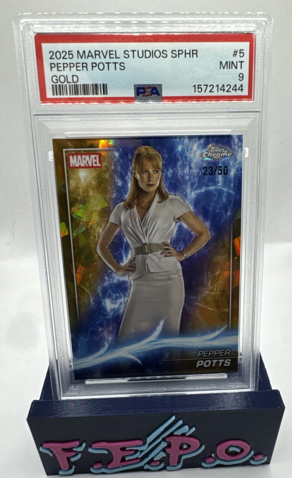 2025 Topps Chrome Marvel Studios Gold Ironman’s Pepper Potts 23/50 PSA 9
