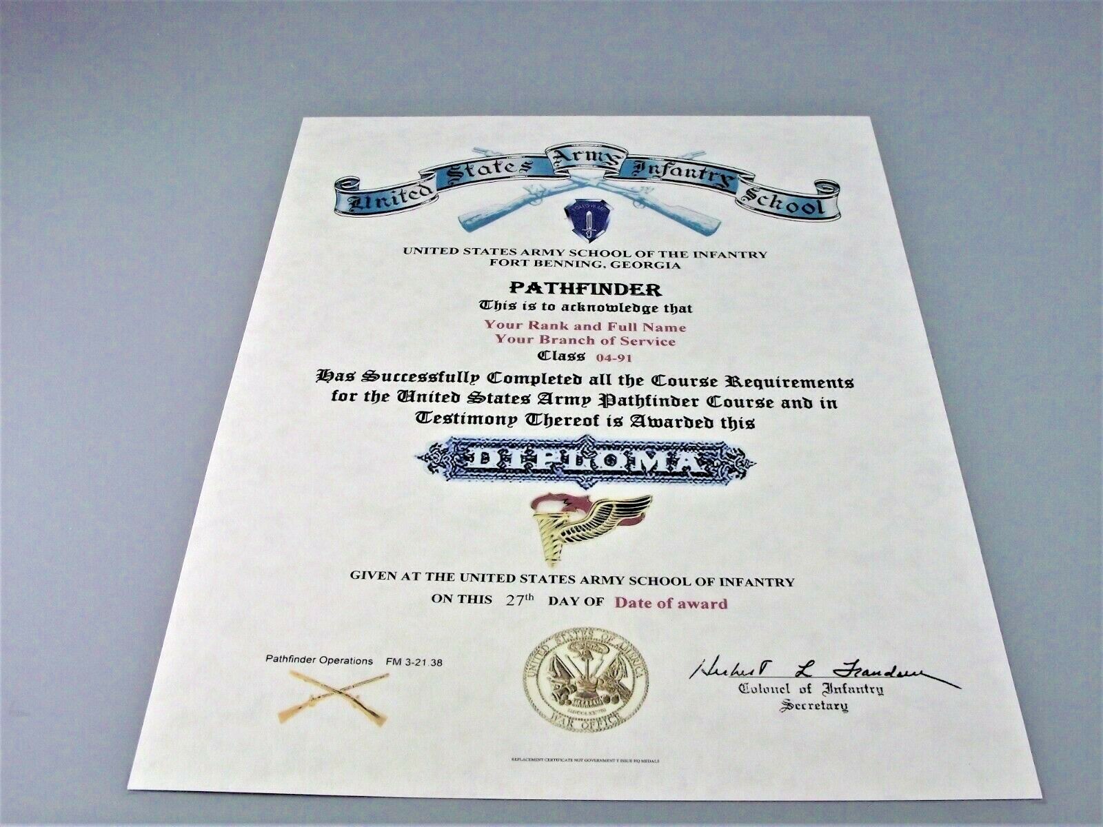 United States Army Pathfinder School / Course Replacement Certificate United States Army Pathfinder School / Course Replacement Certificate
