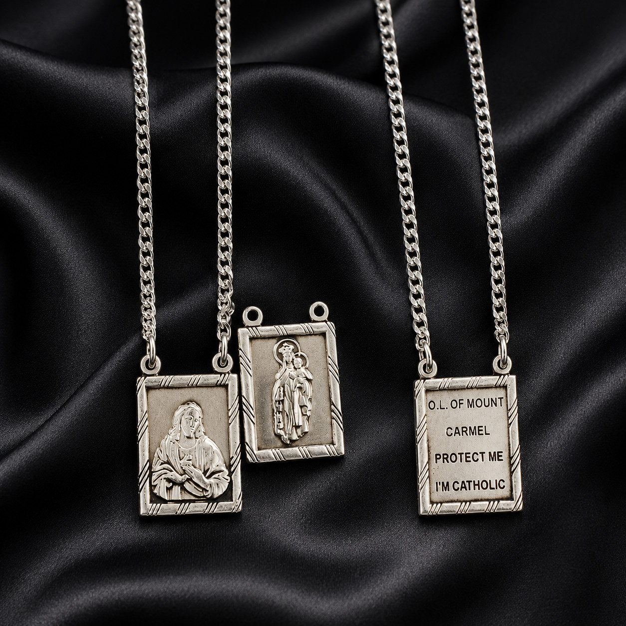 Sterling Silver 2 Piece Scapular Medal Pendants With 30" Rhodium Plated Chain Sterling Silver 2 Piece Scapular Medal Pendants With 30" Rhodium Plated Chain