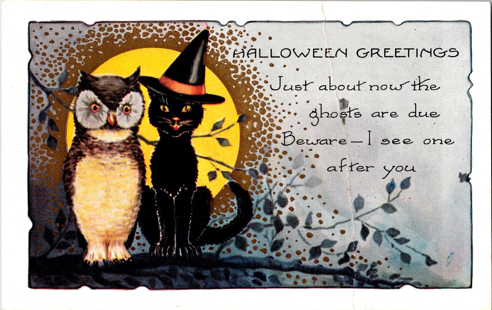 Vintage Whitney Anthropomorphic Owl & Black Cat Witch Hat Halloween Postcard Vintage Whitney Anthropomorphic Owl & Black Cat Witch Hat Halloween Postcard