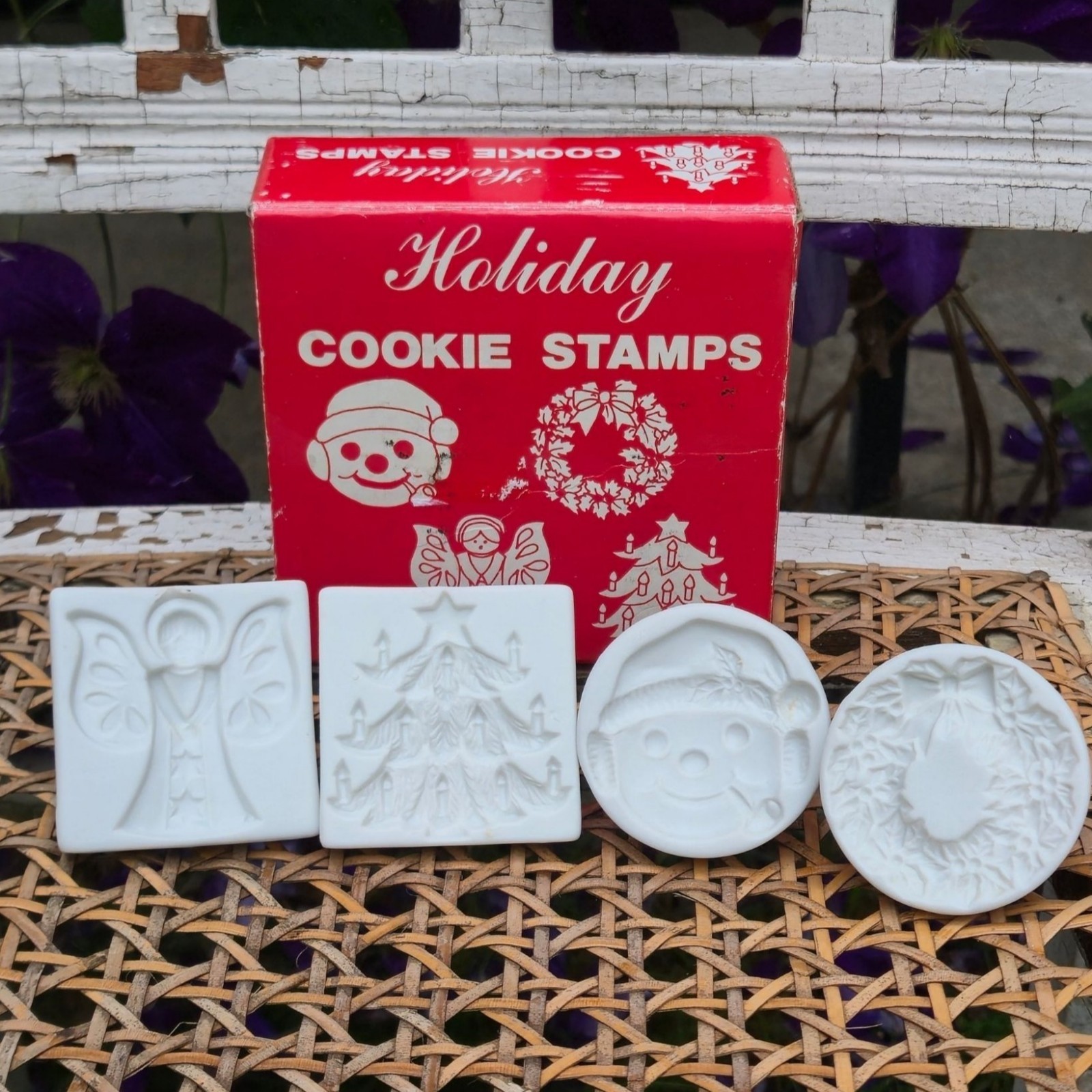Vintage Porcelain Christmas Cookie Stamp Set Angel Tree Santa Wreath with Box