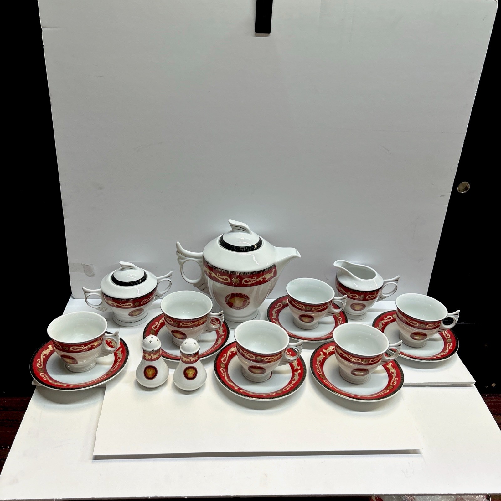 19Pc Medusa Head Red Black Gold Porcelain Tea Set Teapot Cups Saucers Serving 19Pc Medusa Head Red Black Gold Porcelain Tea Set Teapot Cups Saucers Serving