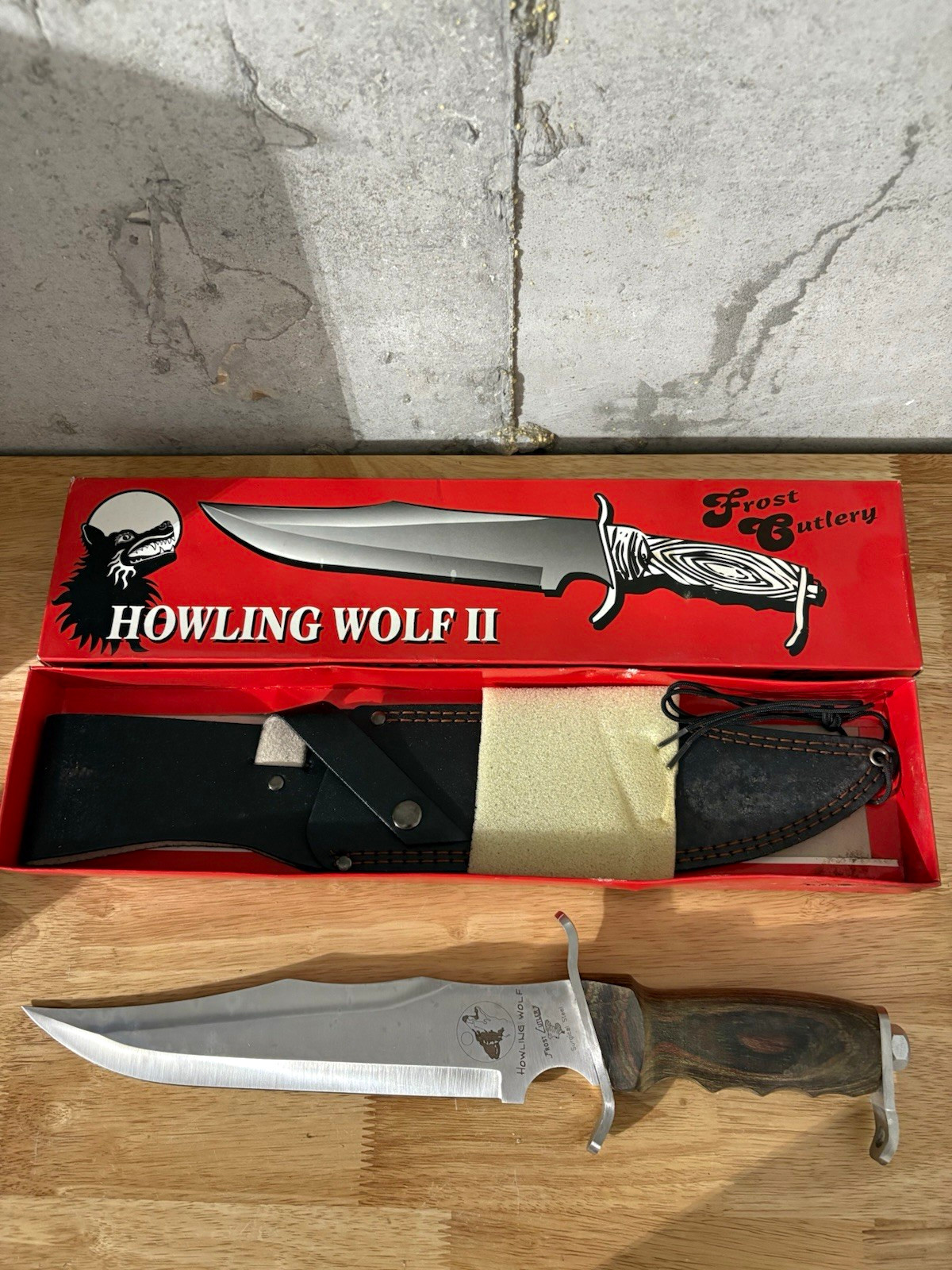 Frost Cutlery Howling Wolf II 17-167FW 16.75" Bowie Knife Wood Handle Sheath Box Frost Cutlery Howling Wolf II 17-167FW 16.75" Bowie Knife Wood Handle Sheath Box