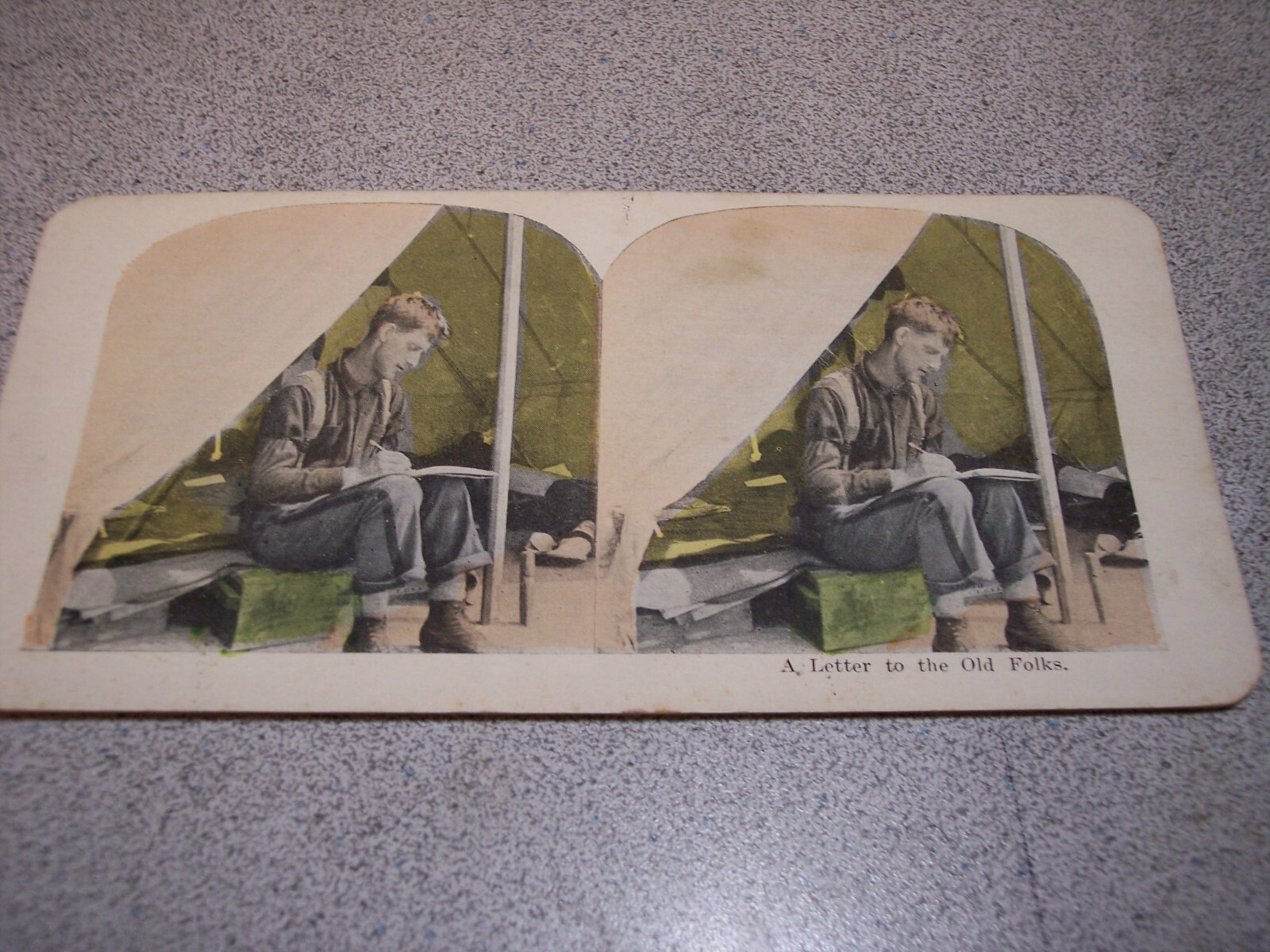 WW I Soldier Writing Home Stereoview 1918 Lithograph Card WW I Soldier Writing Home Stereoview 1918 Lithograph Card