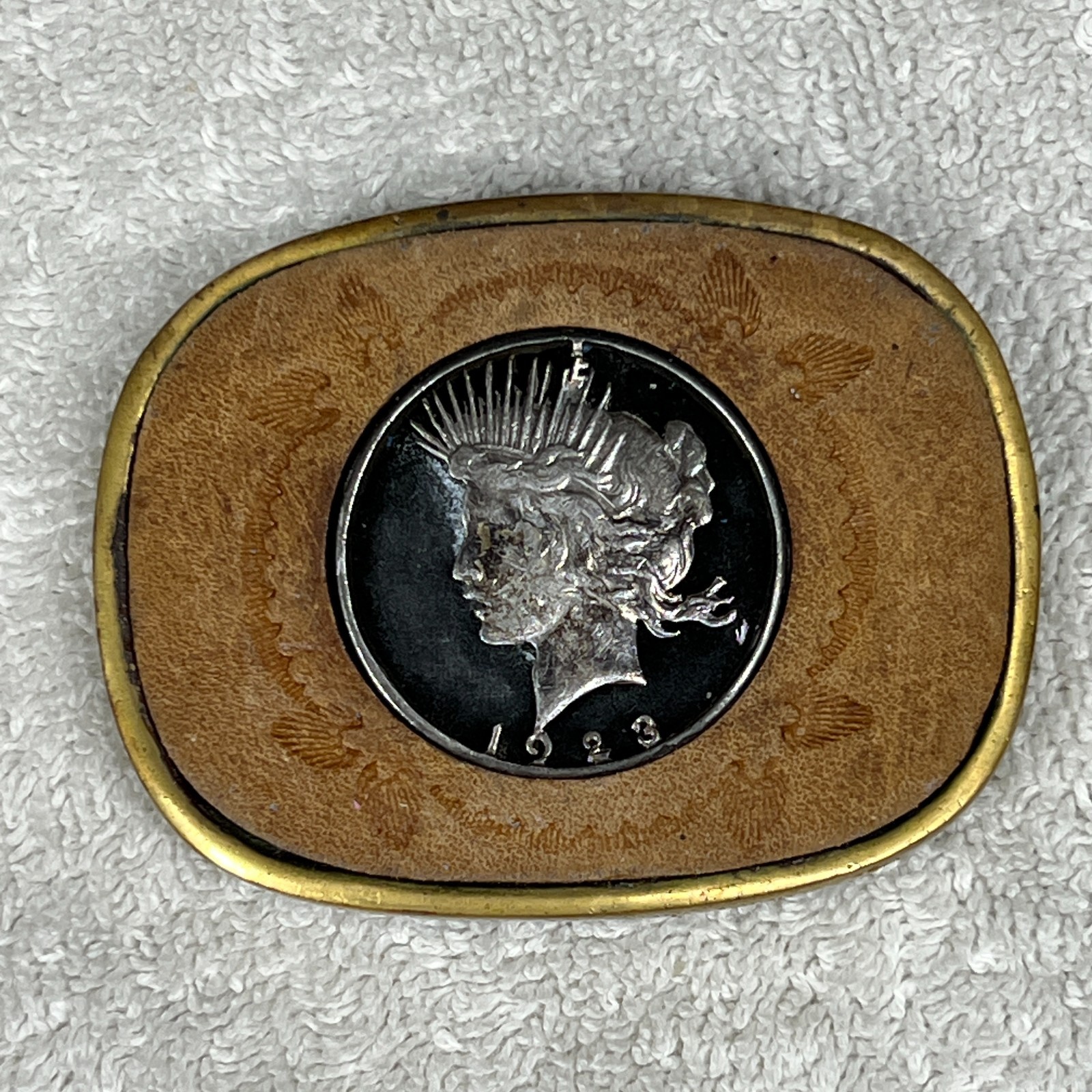 Vintage Belt Buckle 1923 Silver Dollar Taiwan Solid Brass Western 3" Vintage Belt Buckle 1923 Silver Dollar Taiwan Solid Brass Western 3"