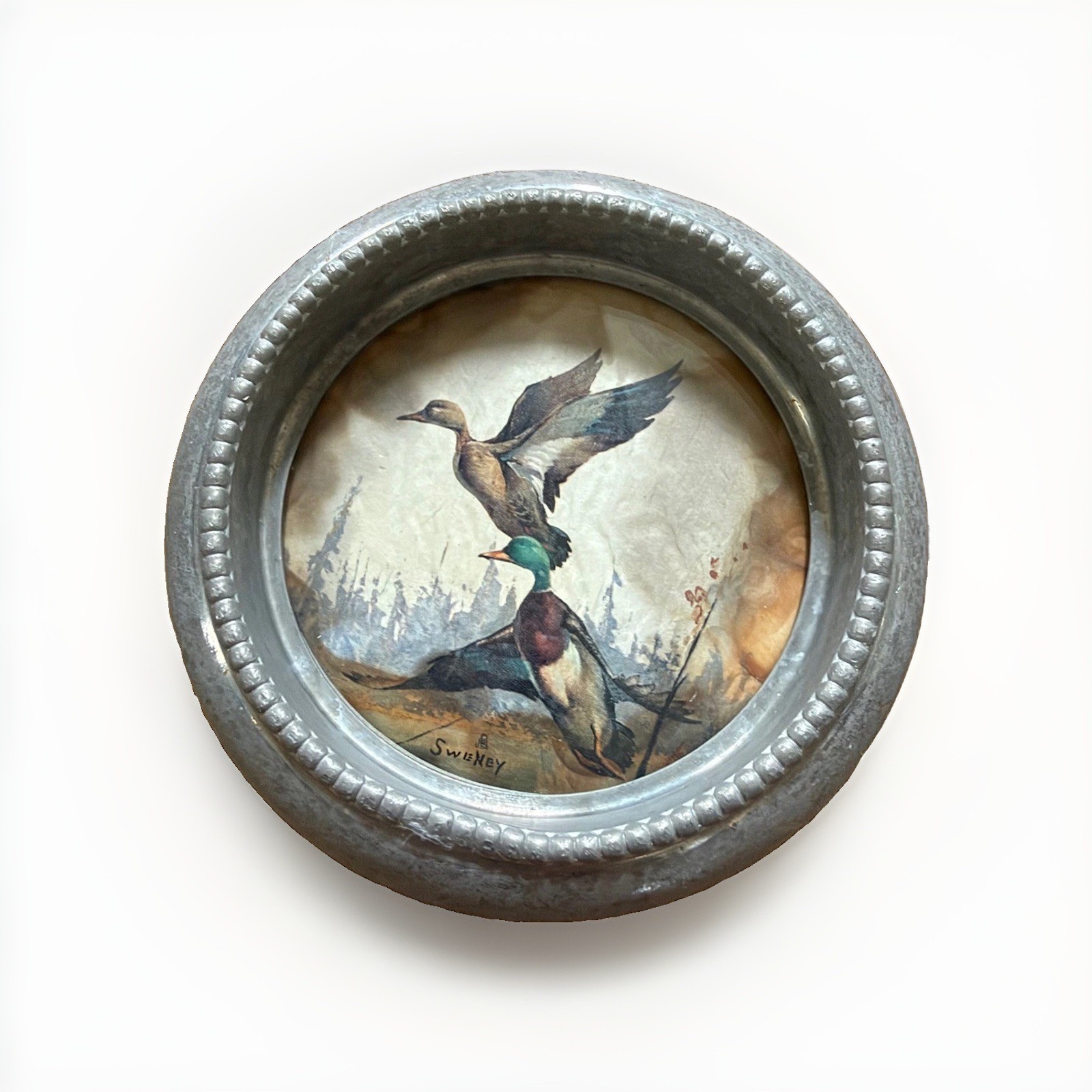 Vintage Fred Sweney Mallard Ducks Miniature Round Metal Frame Wildlife Art 3.25" Vintage Fred Sweney Mallard Ducks Miniature Round Metal Frame Wildlife Art 3.25"